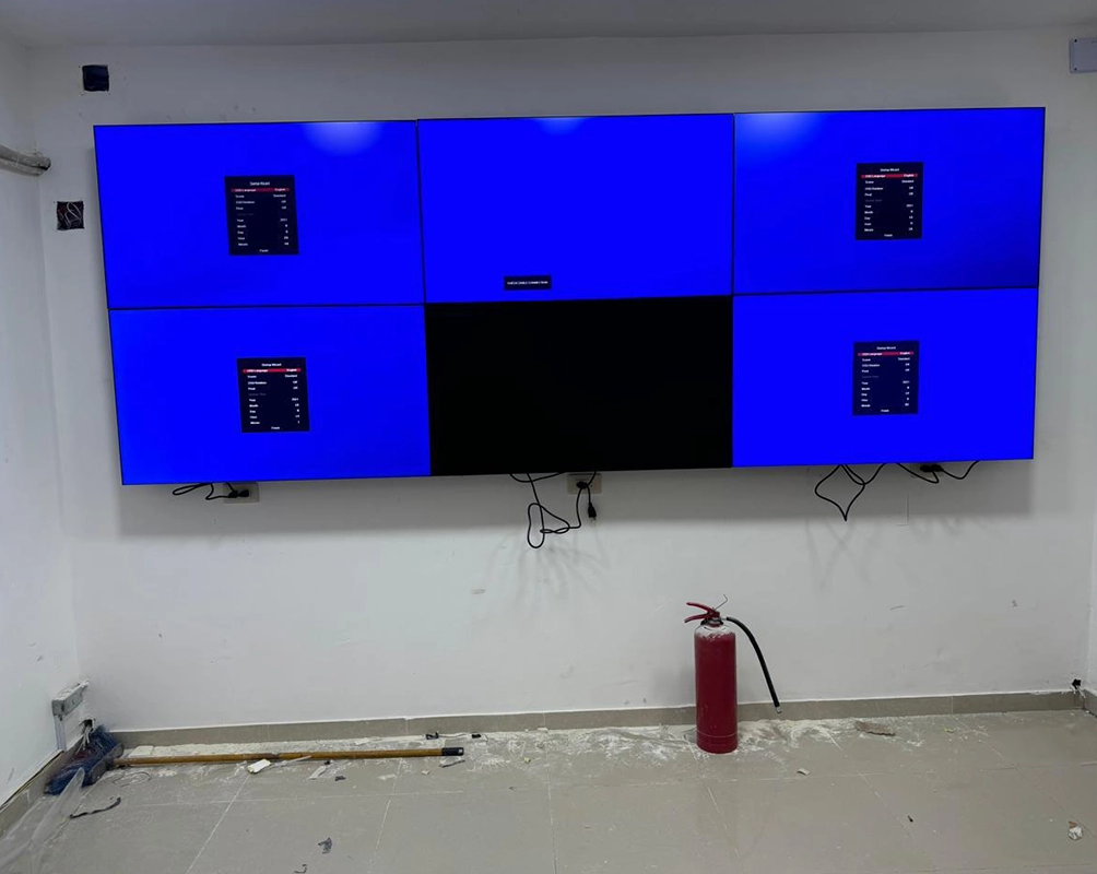 El videowall montado y encendido, con los paneles mostrando su pantalla de configuración
